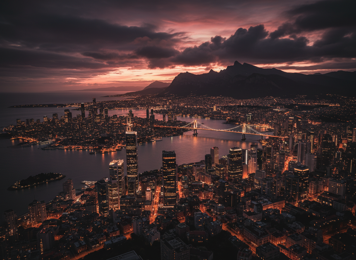 Moody dusk skyline of a coastal San Andreas metropolis